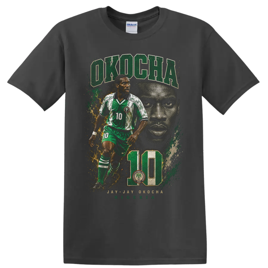 Jay-Jay Okocha Nigeria soccer graphic with OKOCHA and number 10 on a Charcoal T Shirt