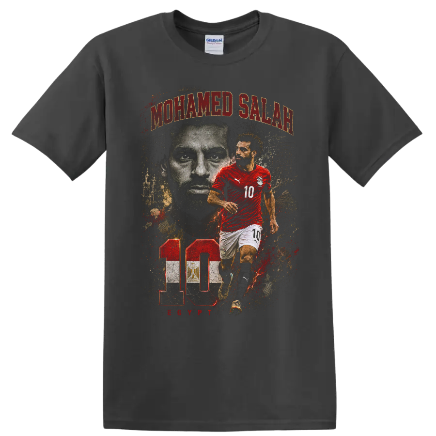 Mohamed Salah Egypt soccer action portrait with number 10 on a Charcoal T Shirt