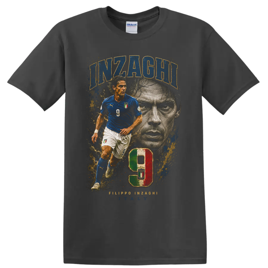 Filippo Inzaghi Italy soccer player number 9 distressed graphic print on a Charcoal T Shirt