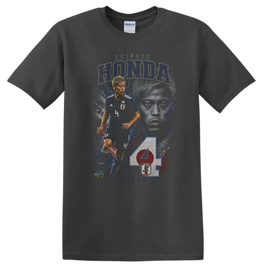 Keisuke Honda Japan soccer action portrait with HONDA and JAPAN text on a Charcoal T Shirt