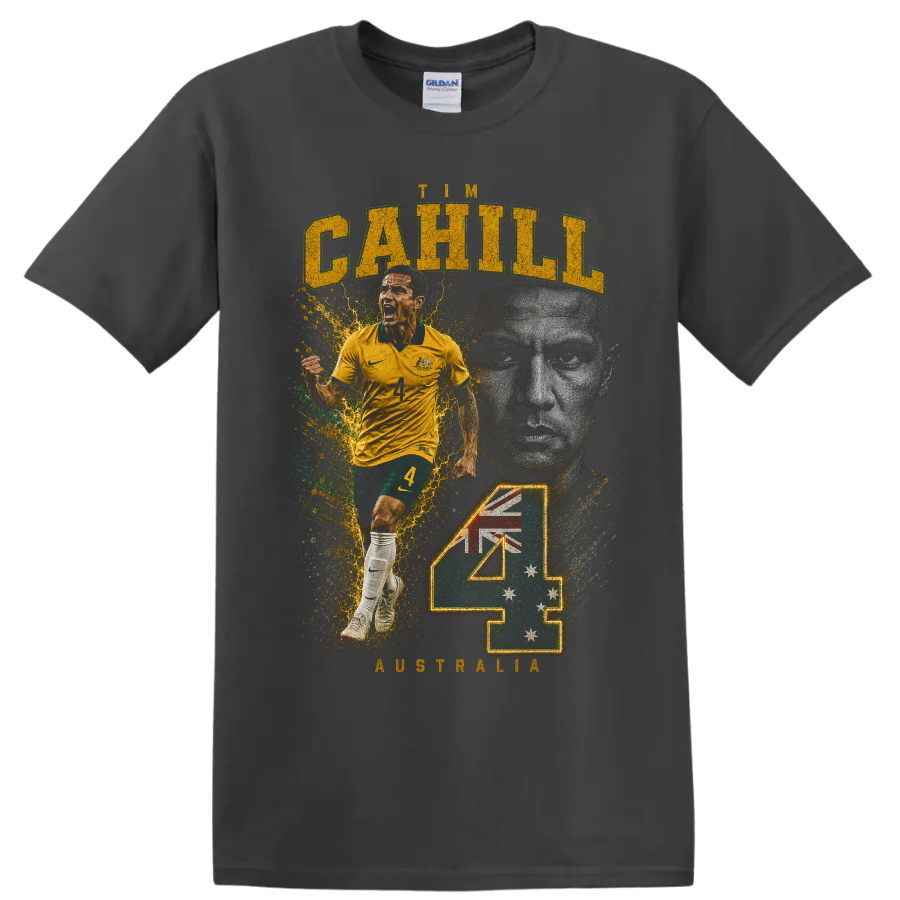 Tim Cahill Australia soccer tribute graphic with number 4 on a Charcoal T Shirt