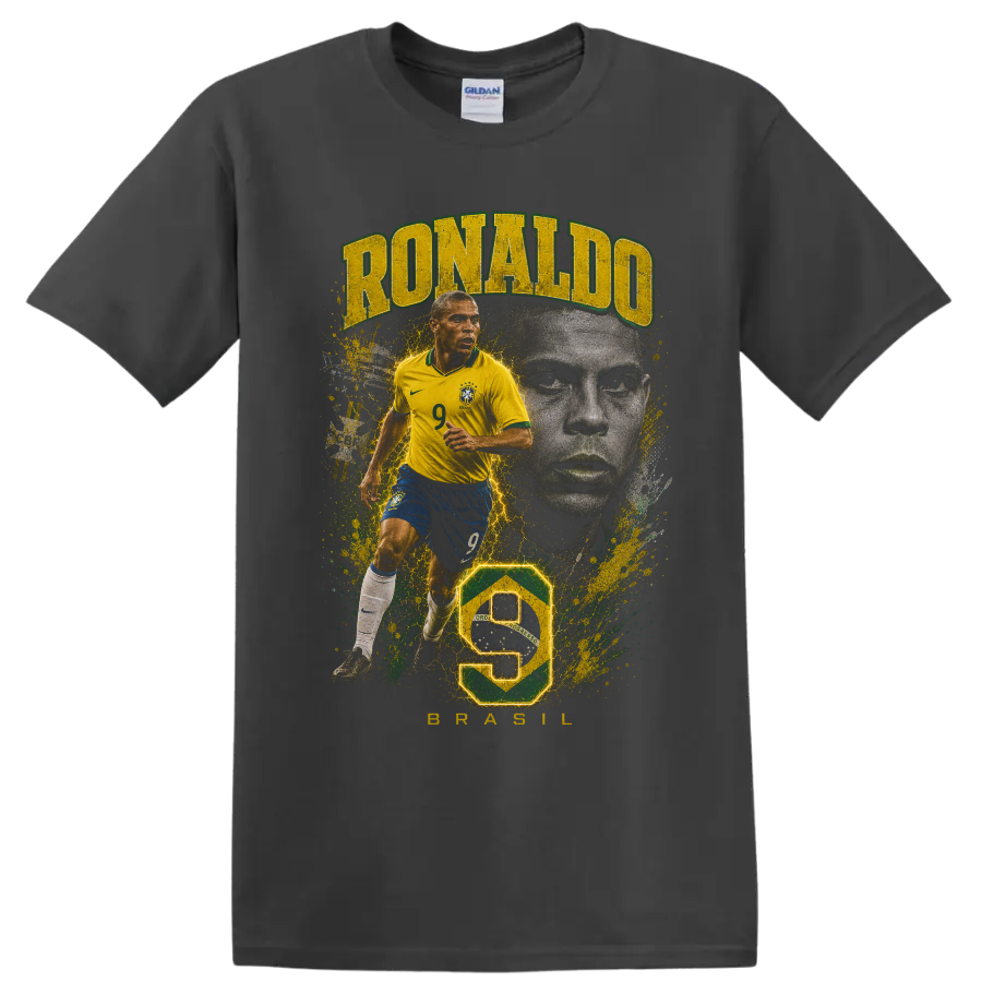 Ronaldo Nazário Brazil soccer collage with number 9 and portrait on a Charcoal T Shirt