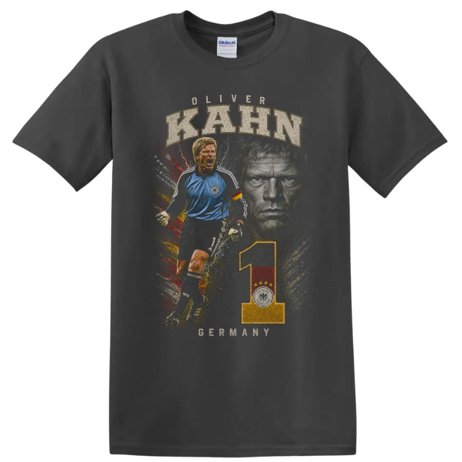 Oliver Kahn Germany goalkeeper graphic with KAHN text on a Charcoal T Shirt