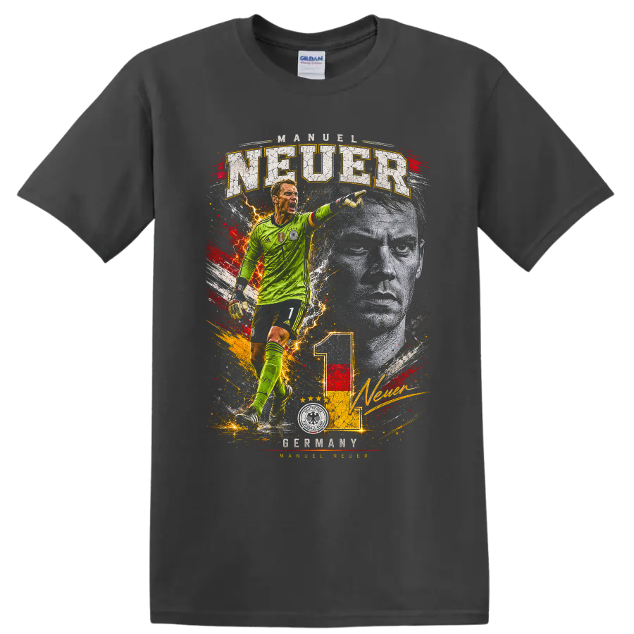 Manuel Neuer Germany goalkeeper action graphic with distressed lettering on a Charcoal T Shirt