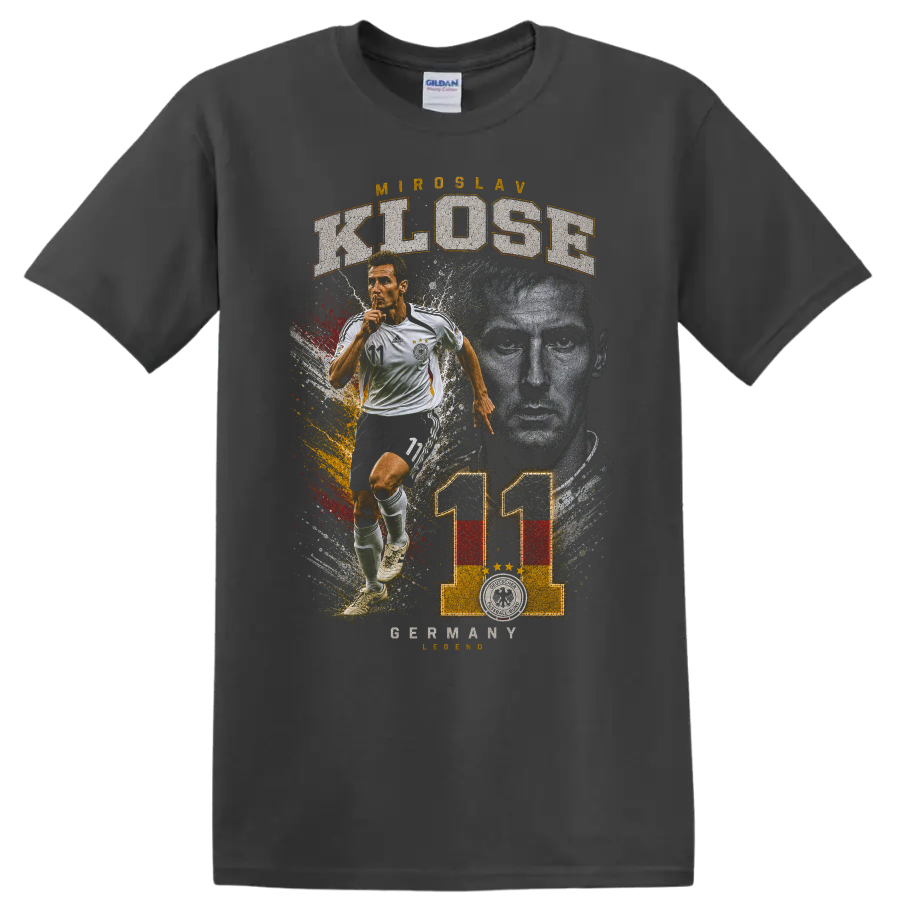 Miroslav Klose Germany soccer number 11 action portrait graphic on a Charcoal T Shirt