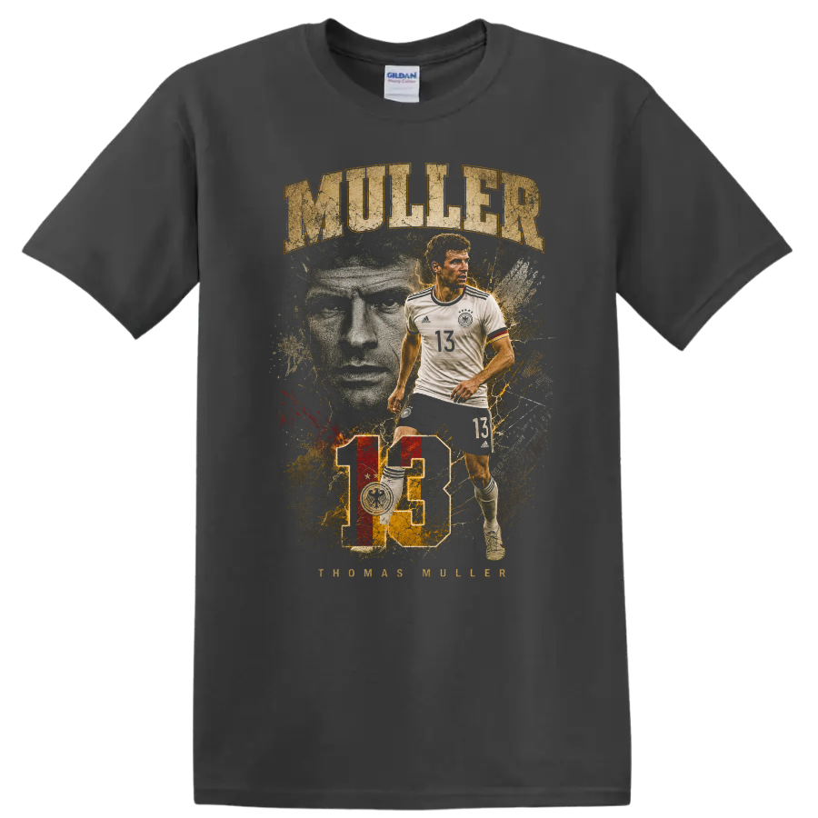 Thomas Müller Germany soccer player vintage portrait with MULLER text on a Charcoal T Shirt