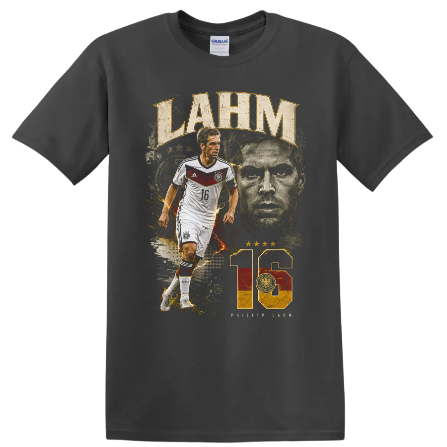 Philipp Lahm Germany soccer tribute graphic with LAHM text and number 16 on a Charcoal T Shirt