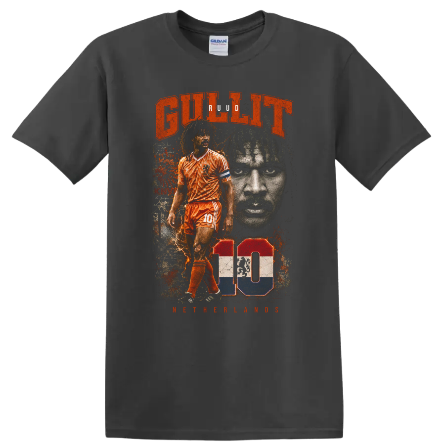 Ruud Gullit Netherlands soccer graphic with orange kit and number 10 on a Charcoal T Shirt