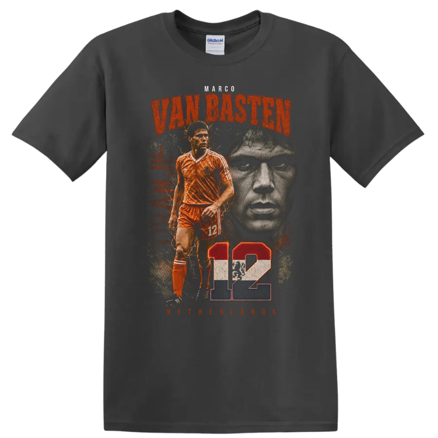 Marco van Basten Netherlands soccer retro graphic with number 12 on a Charcoal T Shirt