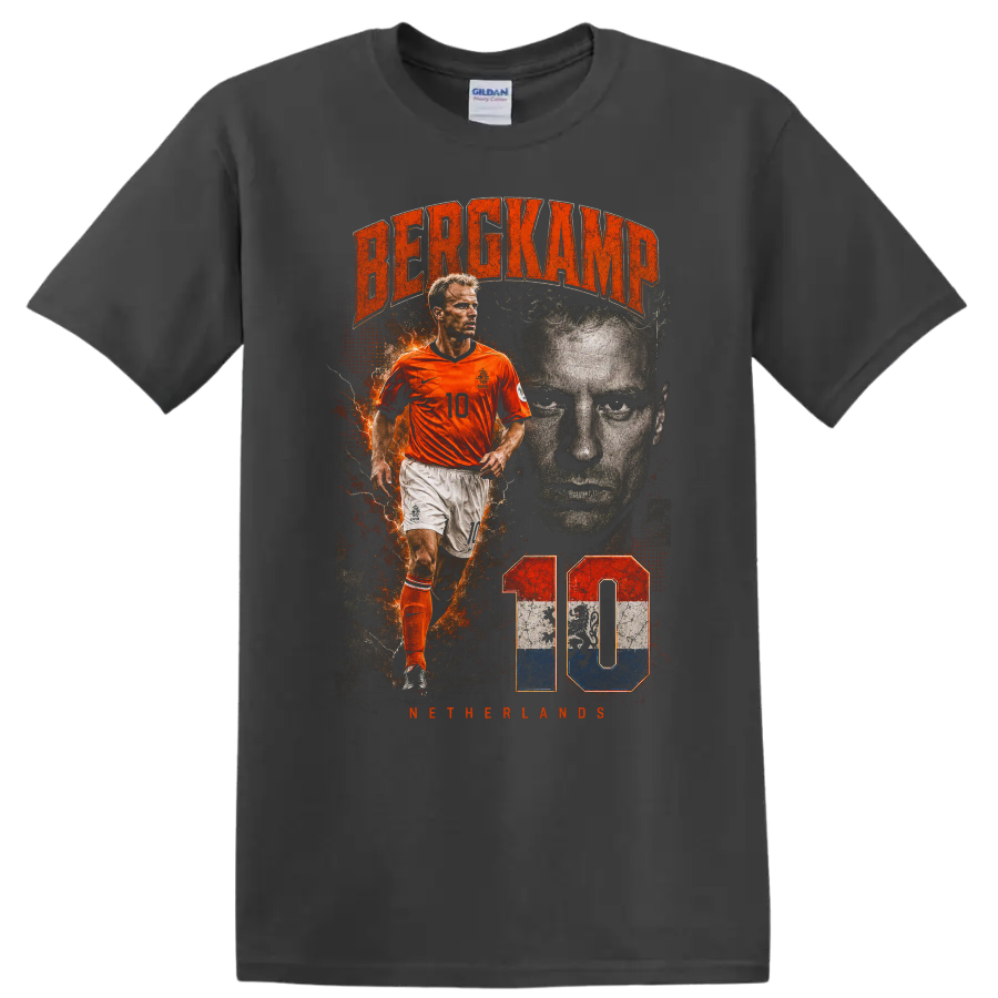 Dennis Bergkamp Netherlands soccer portrait with number 10 on a Charcoal T Shirt