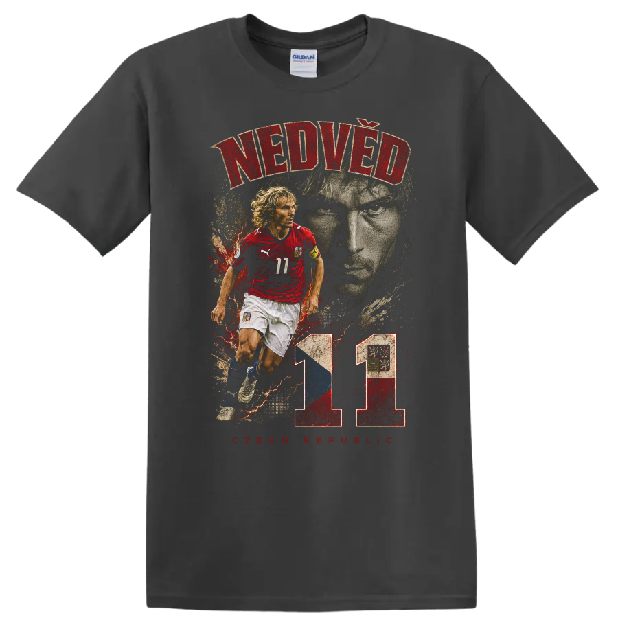 Pavel Nedvěd Czech soccer action portrait with number 11 graphic on a Charcoal T Shirt