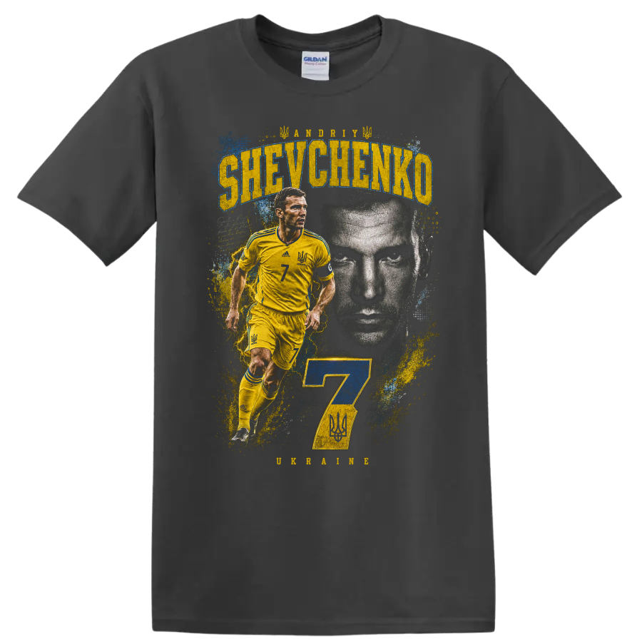Andriy Shevchenko Ukraine soccer action portrait with number 7 on a Charcoal T Shirt