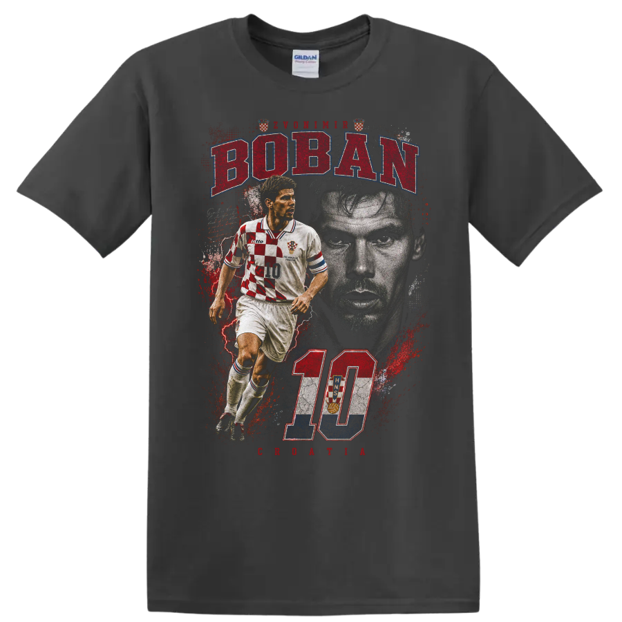 Zvonimir Boban retro soccer graphic with BOBAN and number 10 on a Charcoal T Shirt
