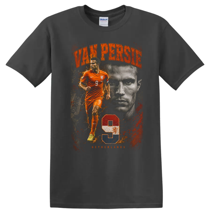 Robin van Persie Netherlands soccer vintage action portrait number 9 on a Charcoal T Shirt