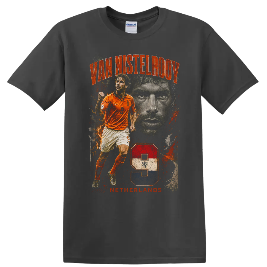 Ruud van Nistelrooy Netherlands soccer graphic with VAN NISTELROOY text on a Charcoal T Shirt
