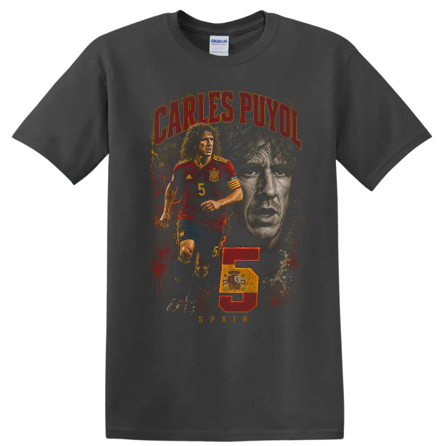 Carles Puyol Spain soccer action and portrait graphic with number 5 on a Charcoal T Shirt