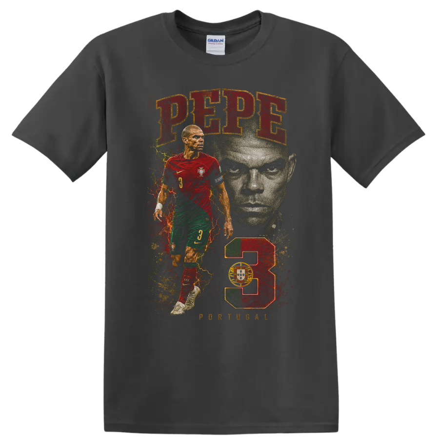 Pepe Portugal soccer player portrait graphic with red and green design on a Charcoal T Shirt