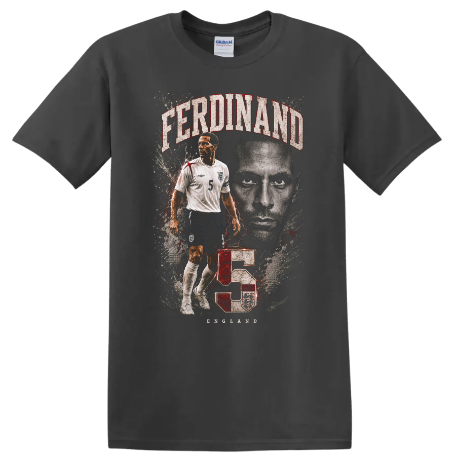 Rio Ferdinand England soccer portrait with FERDINAND text and number 5 on a Charcoal T Shirt