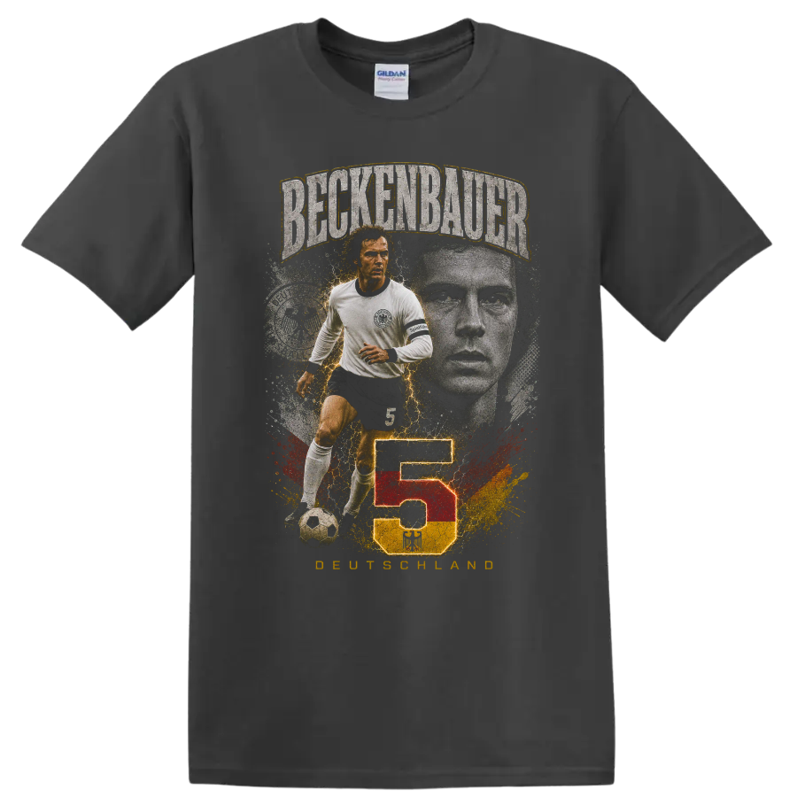 Franz Beckenbauer soccer graphic with BECKENBAUER, number 5, and DEUTSCHLAND on a Charcoal T Shirt