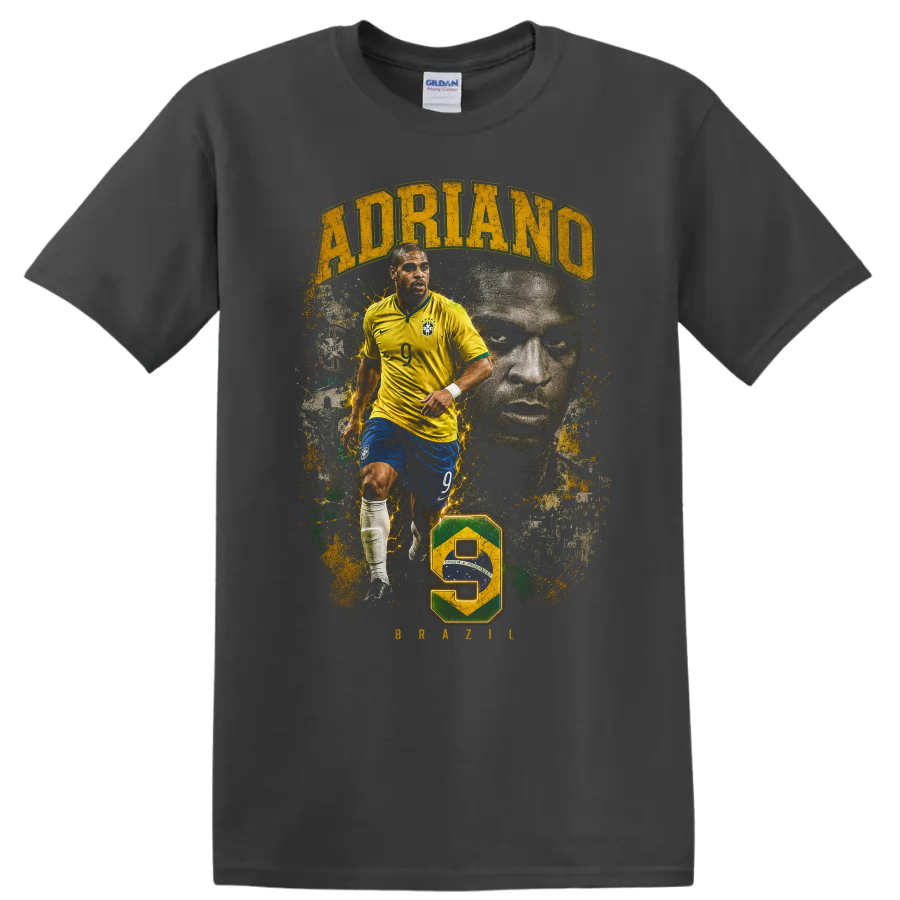 Adriano Brazil soccer graphic with action pose, portrait, and number 9 on a Charcoal T Shirt