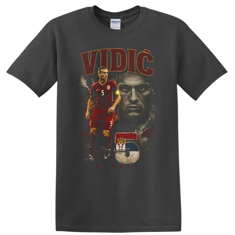 Nemanja Vidic Serbia soccer portrait graphic with VIDIĆ and number 5 on a Charcoal T Shirt