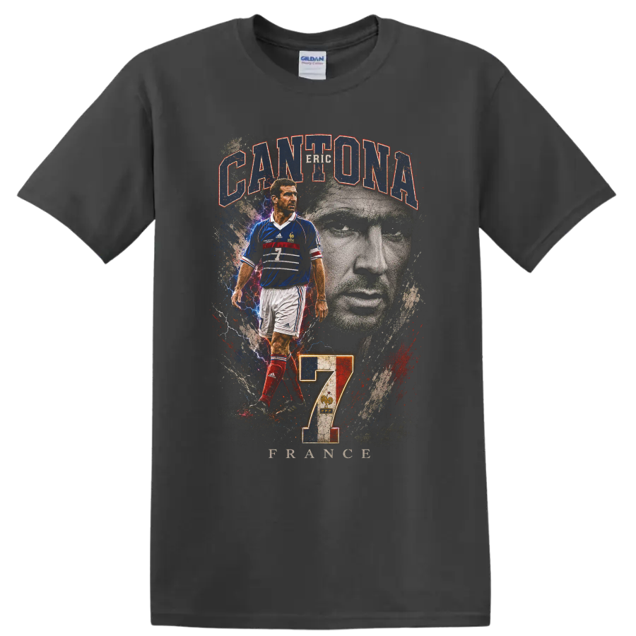 Eric Cantona France soccer graphic with portrait, CANTONA, FRANCE, and number 7 on a Charcoal T Shirt