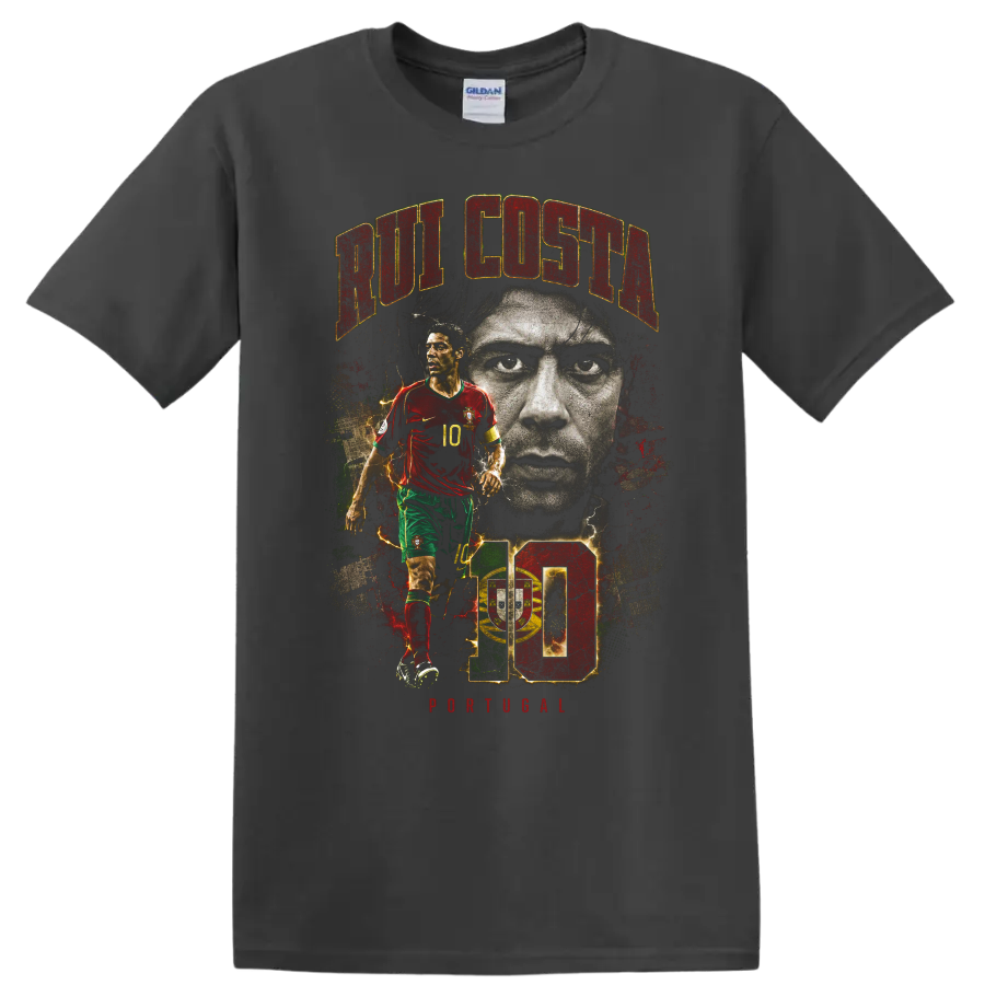 Rui Costa Portugal soccer portrait graphic with number 10 on a Charcoal T Shirt