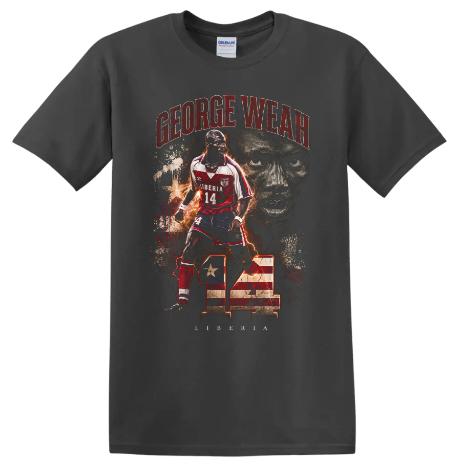 George Weah Liberia soccer number 14 distressed portrait graphic on a Charcoal T Shirt