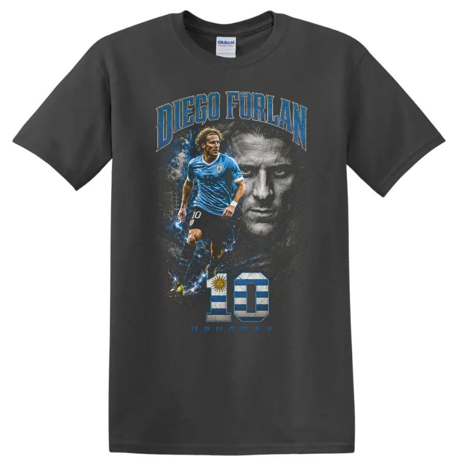 Diego Forlán Uruguay soccer action portrait graphic with number 10 on a Charcoal T Shirt