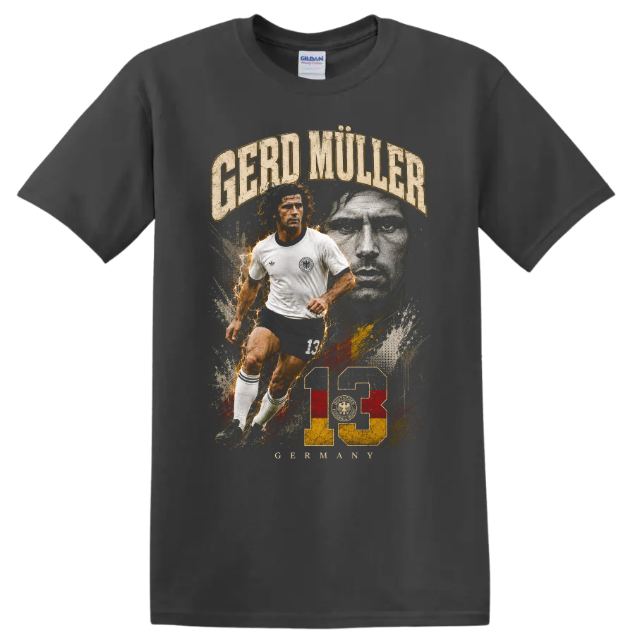 Gerd Müller soccer action portrait with distressed 13 vintage graphic on a Charcoal T Shirt