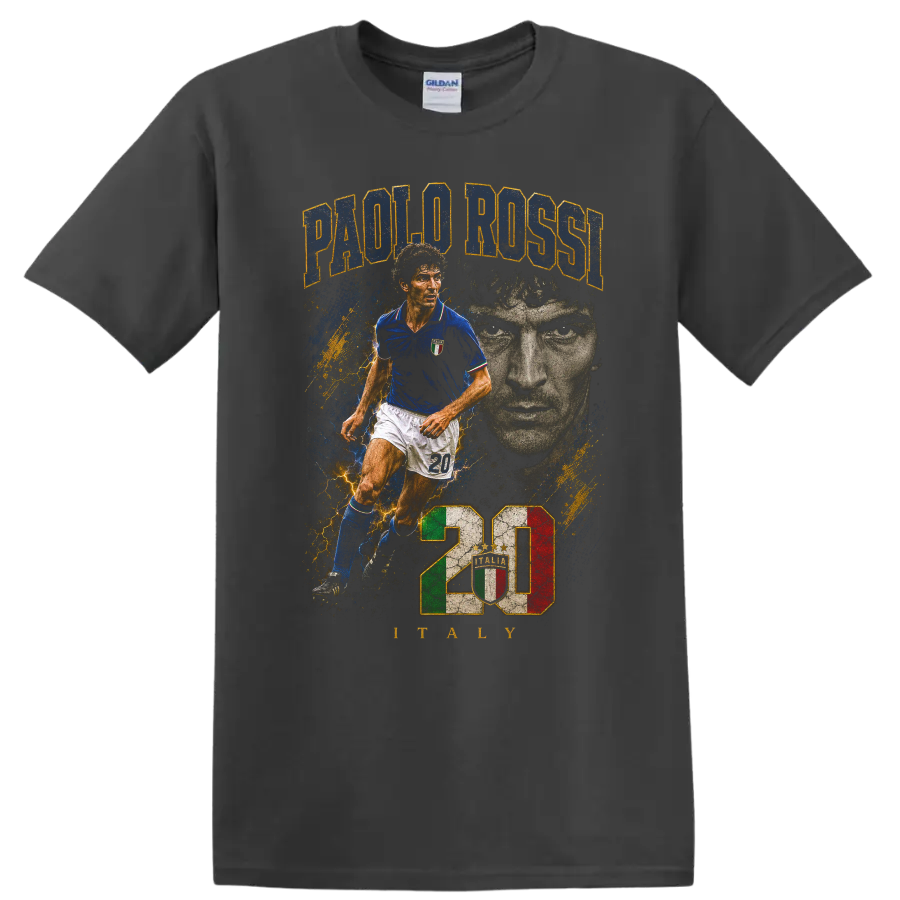 Paolo Rossi Italy soccer player vintage portrait and action graphic on a Charcoal T Shirt