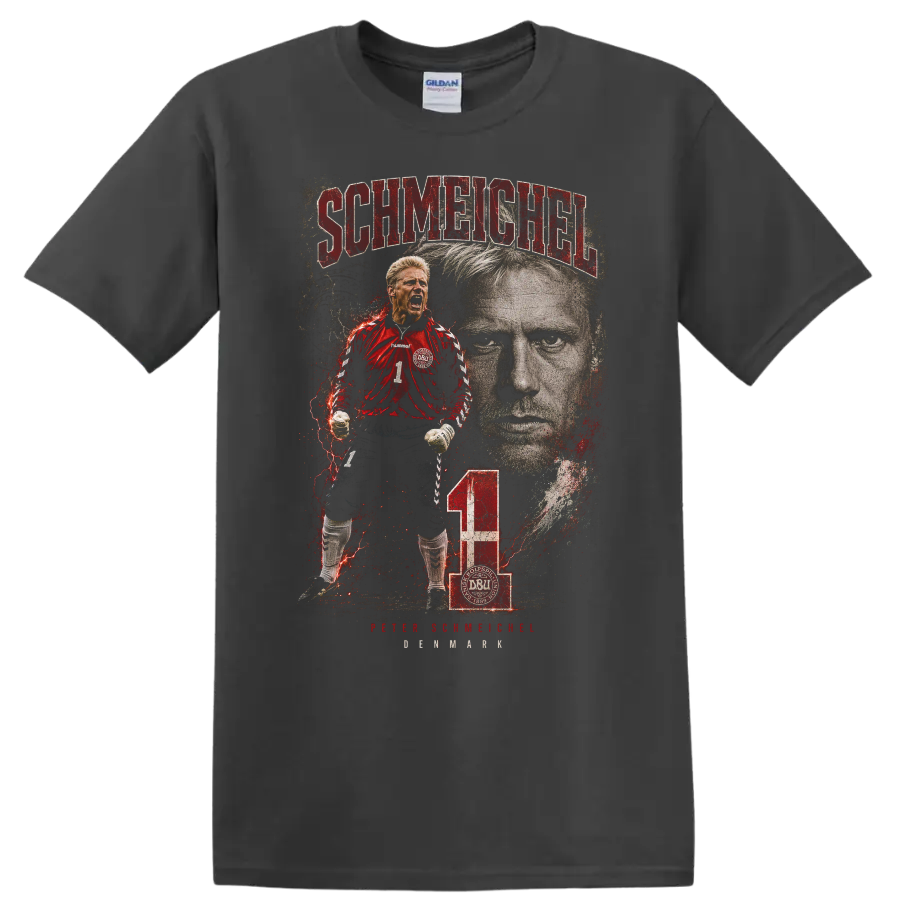 Peter Schmeichel Denmark goalkeeper soccer graphic portrait on a Charcoal T Shirt