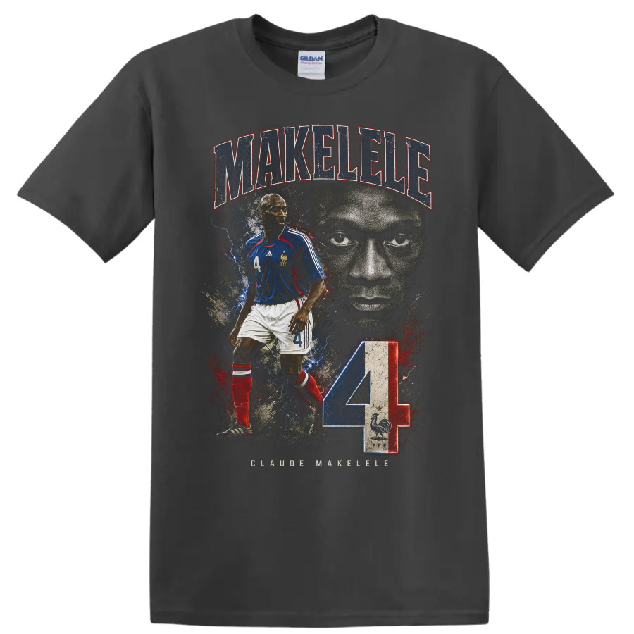 Claude Makelele France soccer portrait with MAKÉLÉLÉ text and number 4 on a Charcoal T Shirt