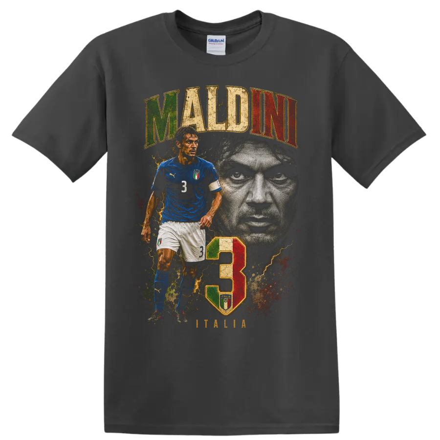 Paolo Maldini Italy soccer graphic with portrait, number 3, and MALDINI text on a Charcoal T Shirt