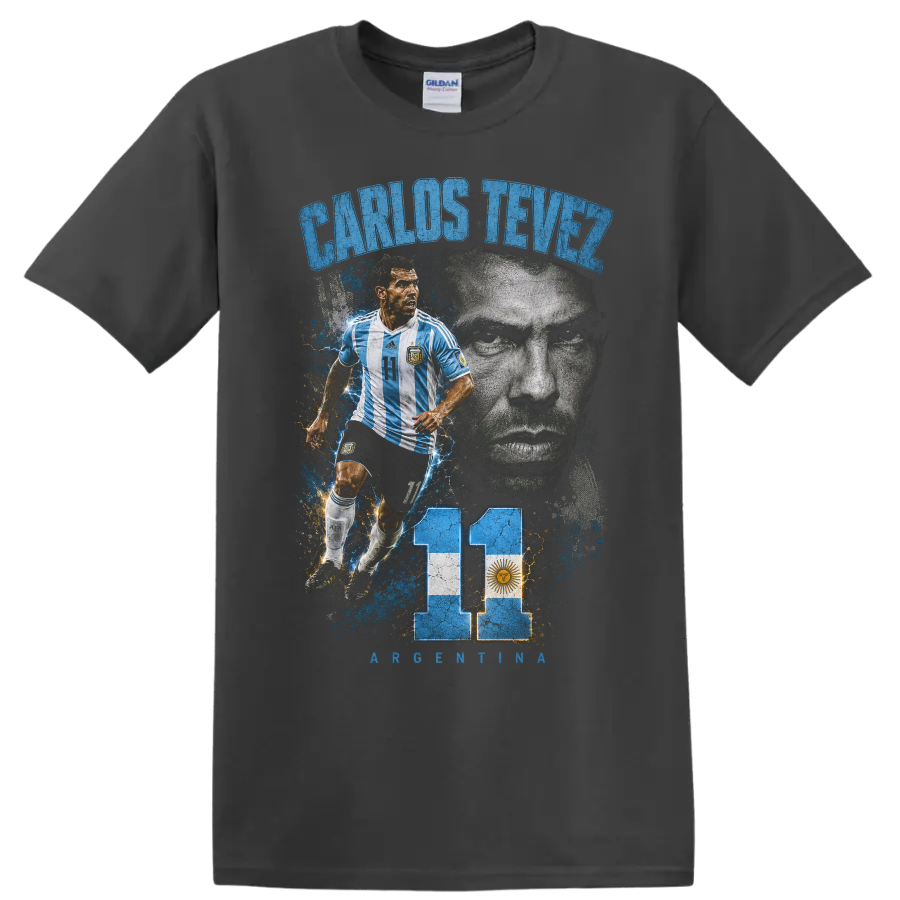 Carlos Tevez Argentina soccer portrait graphic with number 11 and flag on a Charcoal T Shirt