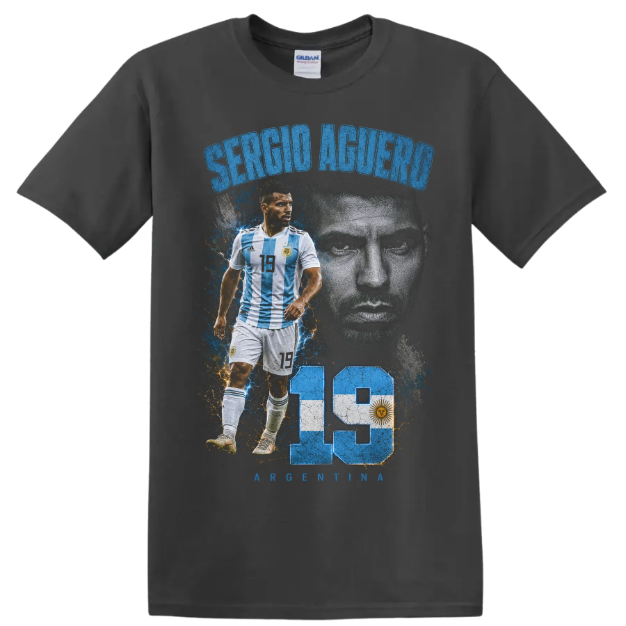 Sergio Agüero Argentina soccer tribute graphic with portrait and number 19 on a Charcoal T Shirt