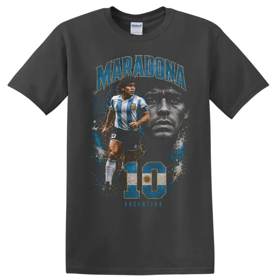 Diego Maradona Argentina soccer collage with number 10 graphic print on a Charcoal T Shirt