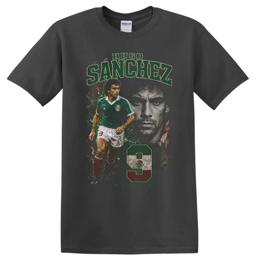 Hugo Sánchez Mexico soccer tribute graphic with number 9 on a Charcoal T Shirt