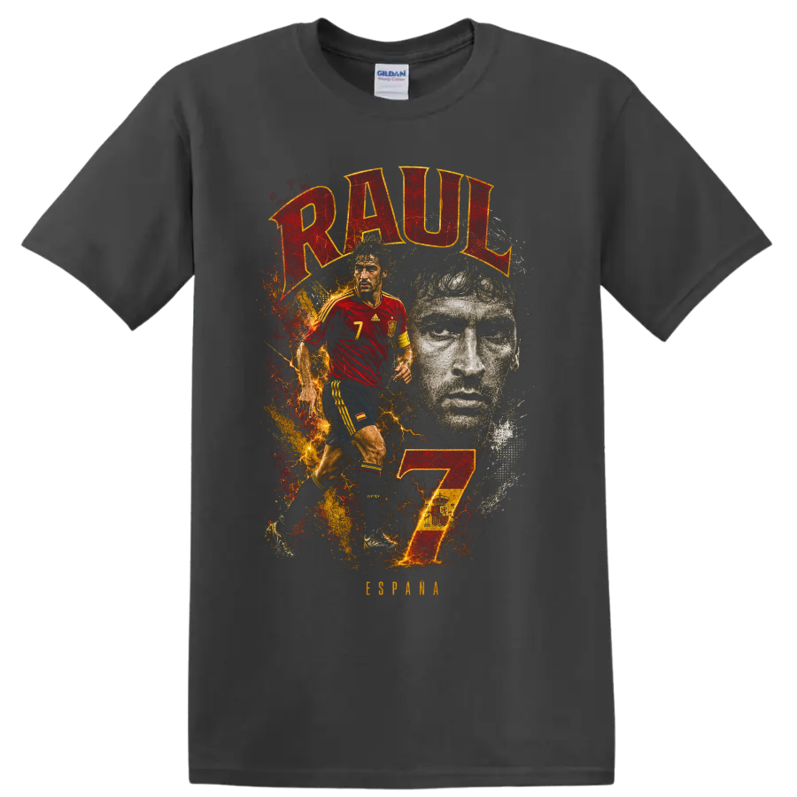 Raúl González soccer tribute graphic with RAUL lettering and number 7 on a Charcoal T Shirt