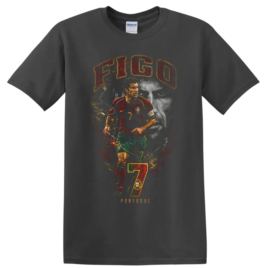 Luís Figo Portugal soccer portrait with number 7 and distressed graphic design on a Charcoal T Shirt