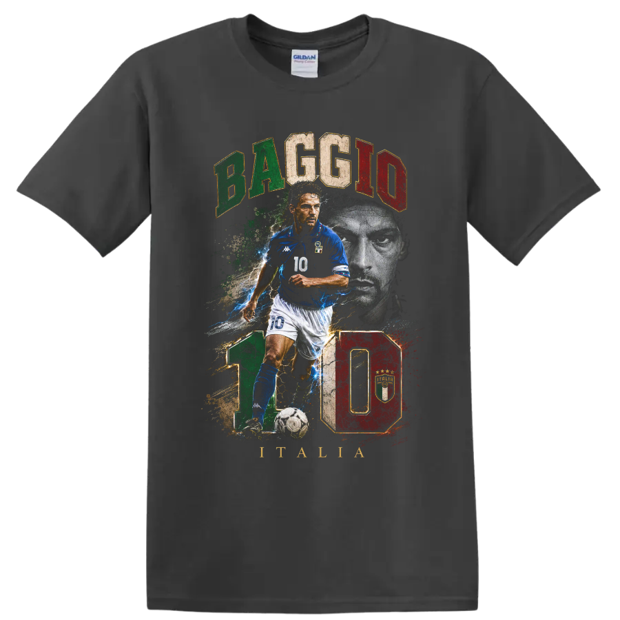 Roberto Baggio Italy soccer action portrait with number 10 graphic on a Charcoal T Shirt