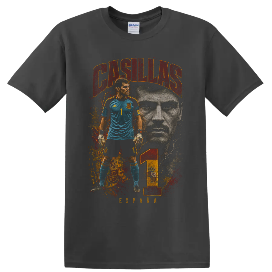 Iker Casillas Spain goalkeeper portrait with CASILLAS text and number 1 on a Charcoal T Shirt