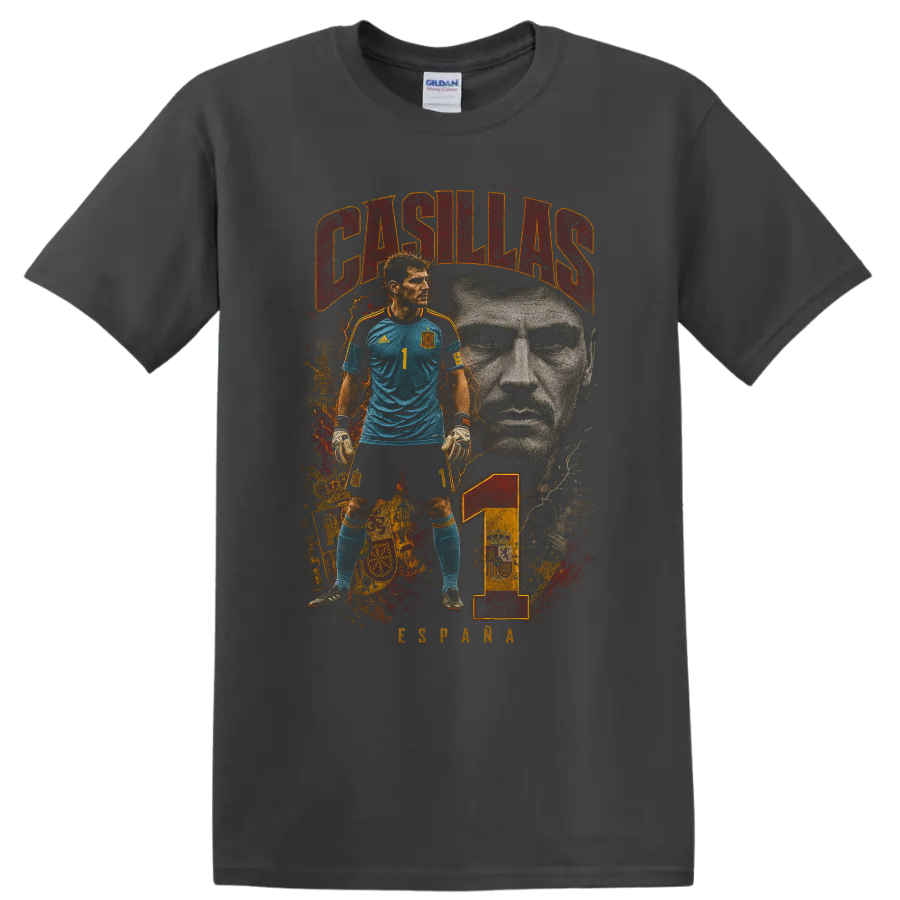 Iker Casillas Spain goalkeeper portrait graphic with number 1 on a Charcoal T Shirt
