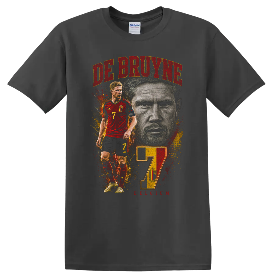Kevin De Bruyne Belgium soccer graphic with DE BRUYNE and number 7 on a Charcoal T Shirt