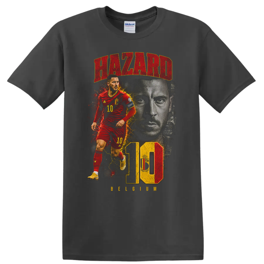 Eden Hazard Belgium soccer graphic with HAZARD, number 10, and BELGIUM on a Charcoal T Shirt