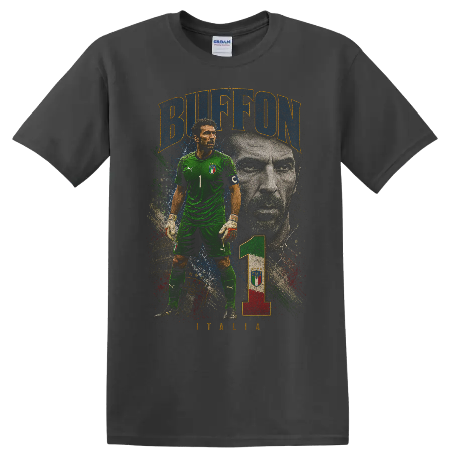 Gianluigi Buffon Italy goalkeeper portrait graphic with BUFFON text on a Charcoal T Shirt