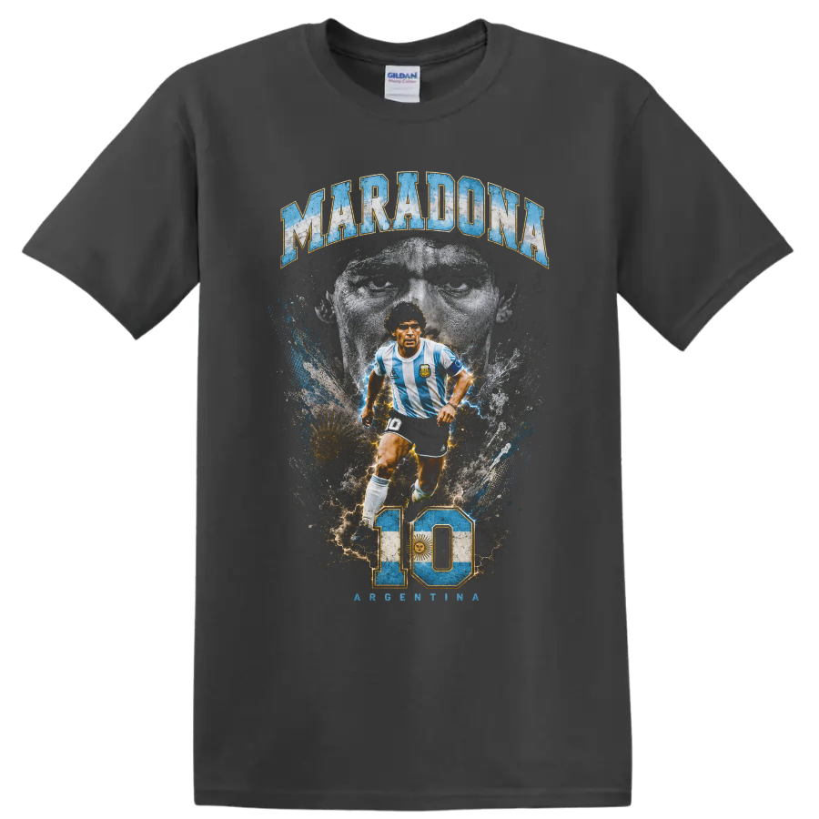 Diego Maradona Argentina soccer graphic with number 10 and portrait on a Charcoal T Shirt