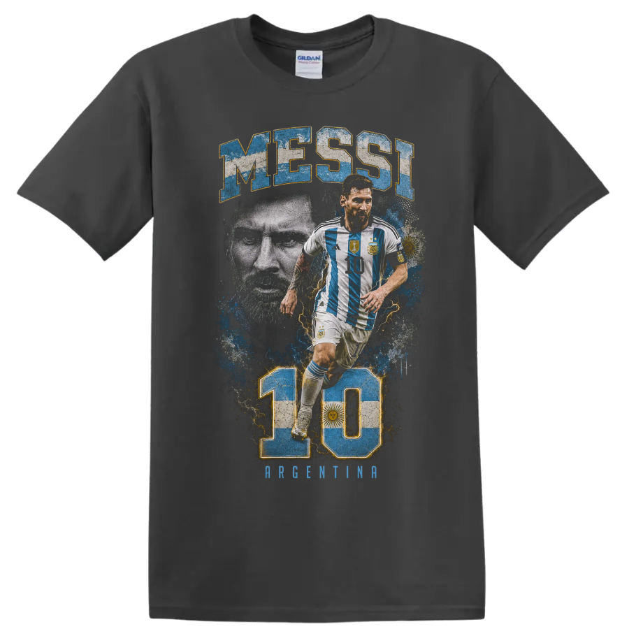 Lionel Messi Argentina number 10 soccer graphic with MESSI text on a Charcoal T Shirt