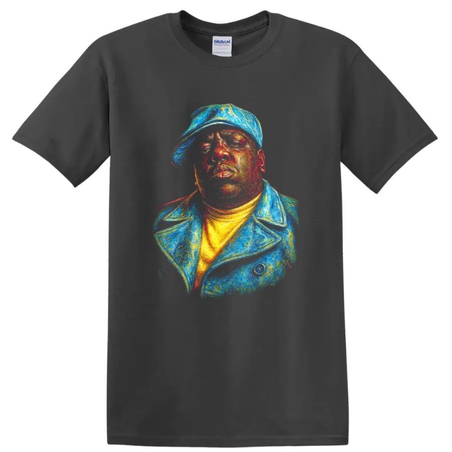 Colorful textured portrait of The Notorious B.I.G. in a cap and jacket on a Charcoal T Shirt