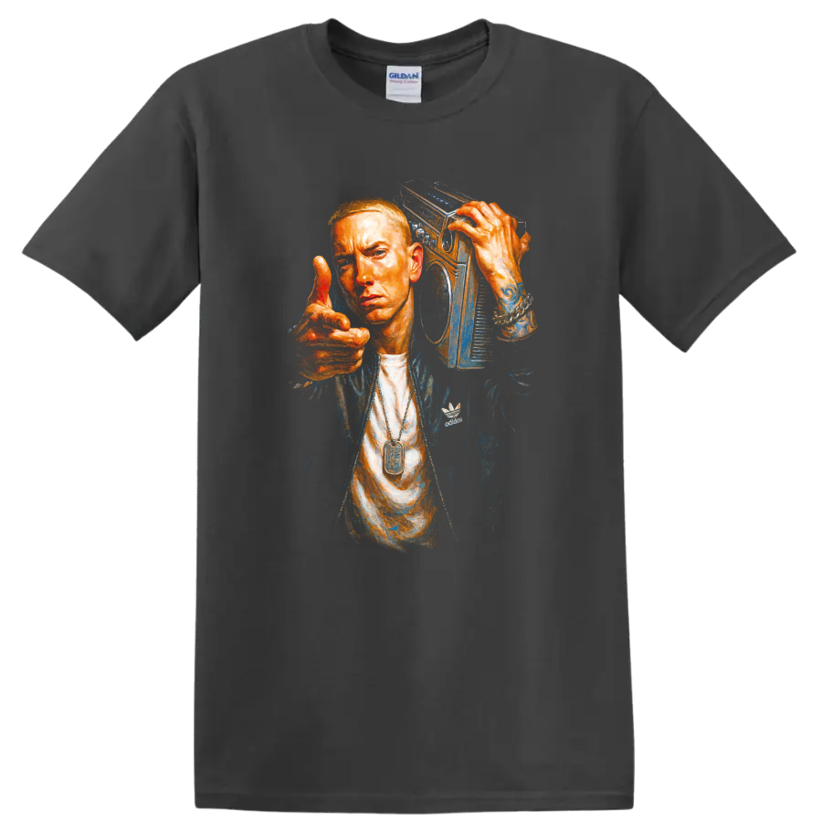 Eminem portrait graphic with boombox in vivid orange and blue on a Charcoal T Shirt
